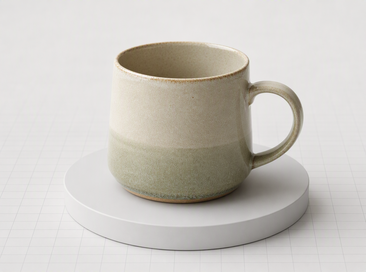 A ceramic mug photo reconstructed into a textured 3D model on a pedestal