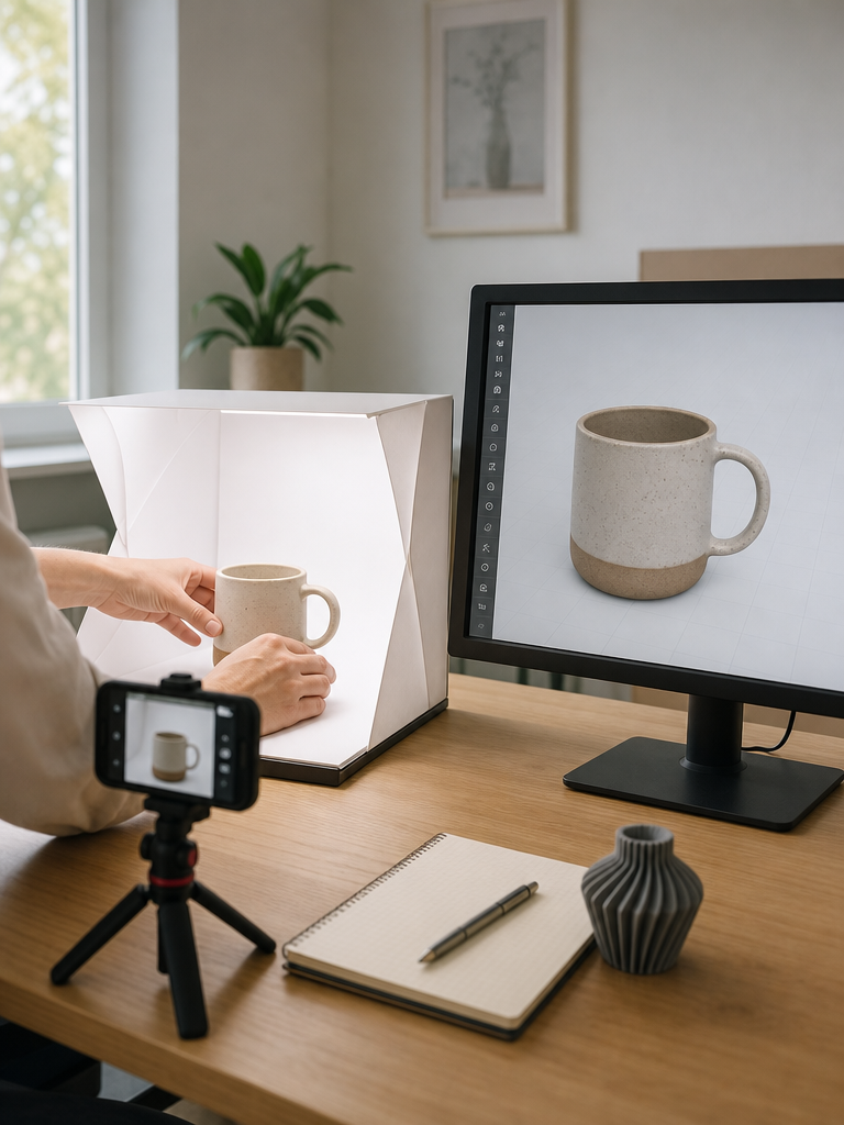 A product photography lightbox setup with a monitor showing the reconstructed 3D render of the same mug