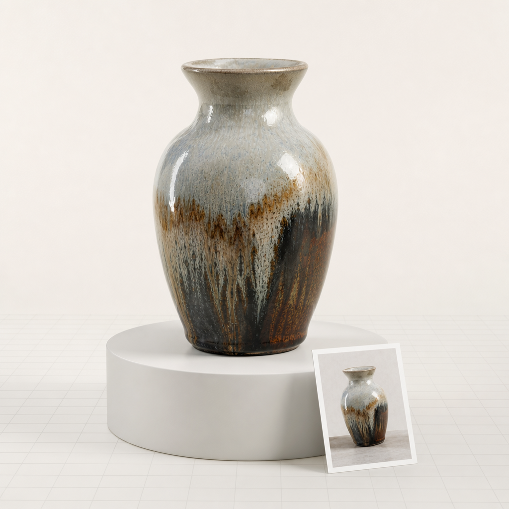 A glazed ceramic vase 3D model rendered with textures carried over from its reference photo