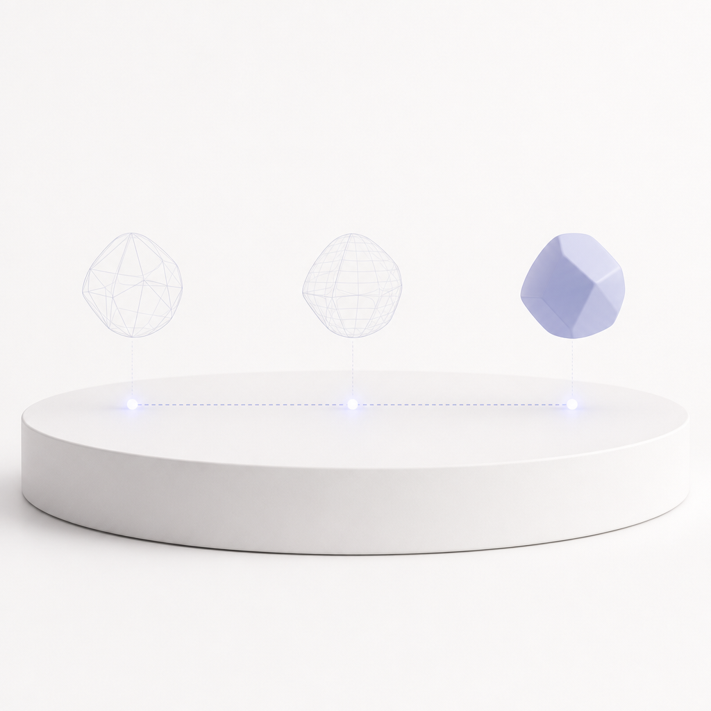 Three connected stages showing a wireframe shape progressively becoming a fully rendered 3D model