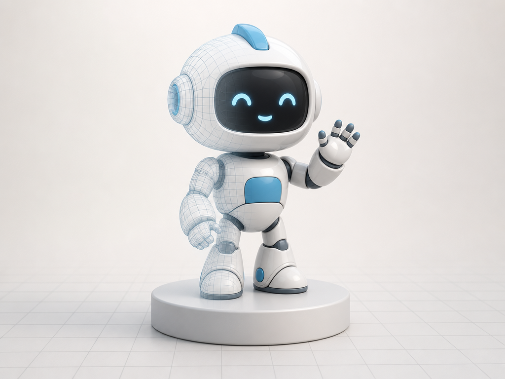 A robot mascot 3D model emerging from wireframe into a fully textured render on a pedestal