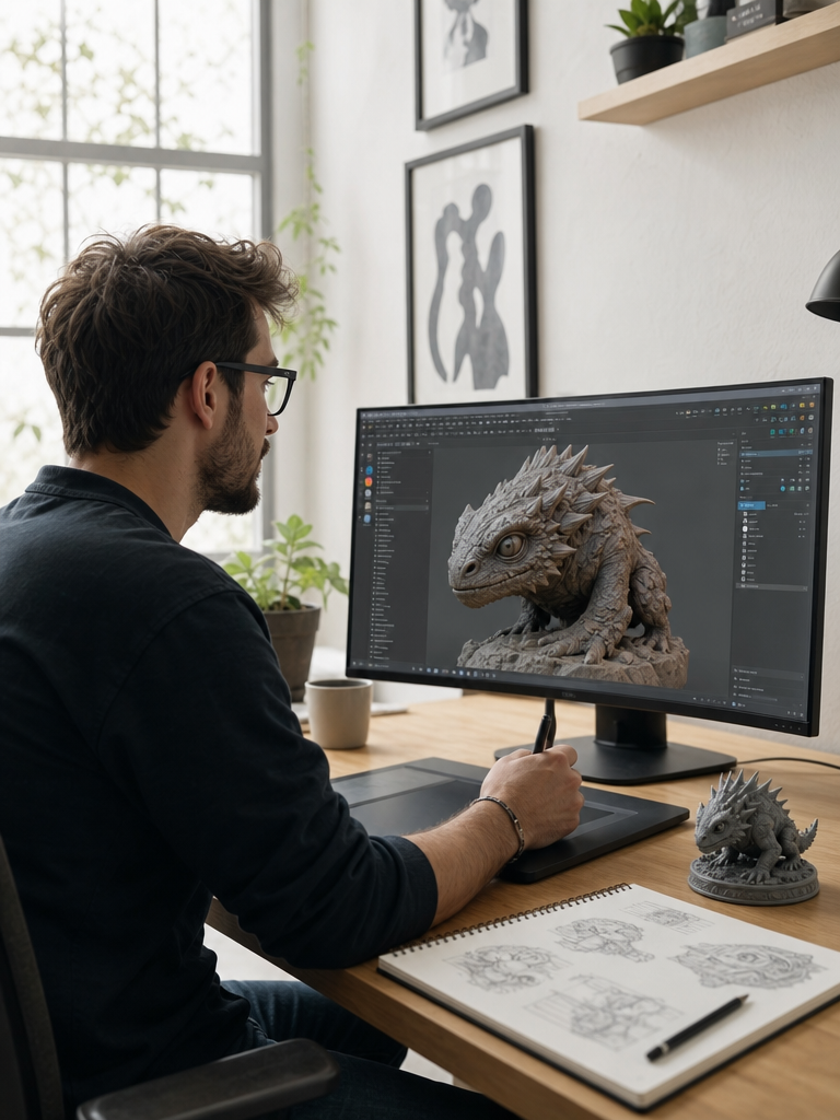 A game artist at a studio desk viewing a rendered 3D creature on screen next to a 3D-printed miniature