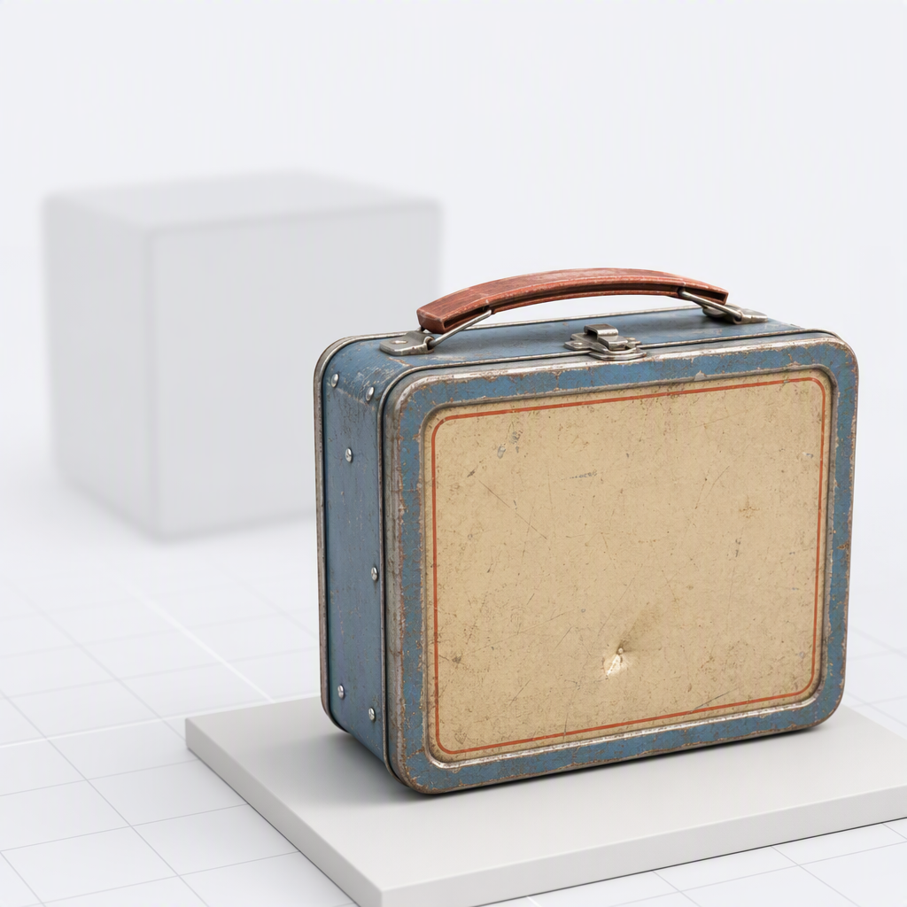 A detailed, sharply rendered tin lunchbox in the foreground with a vague blurred box silhouette fading behind it